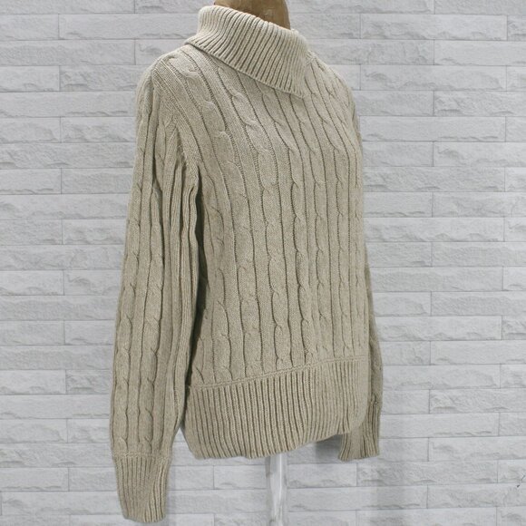 VINTAGE LIZ SPORT Sweater Split Turtleneck Knit Cable Stitch Neutral Tan XL - Picture 4 of 14